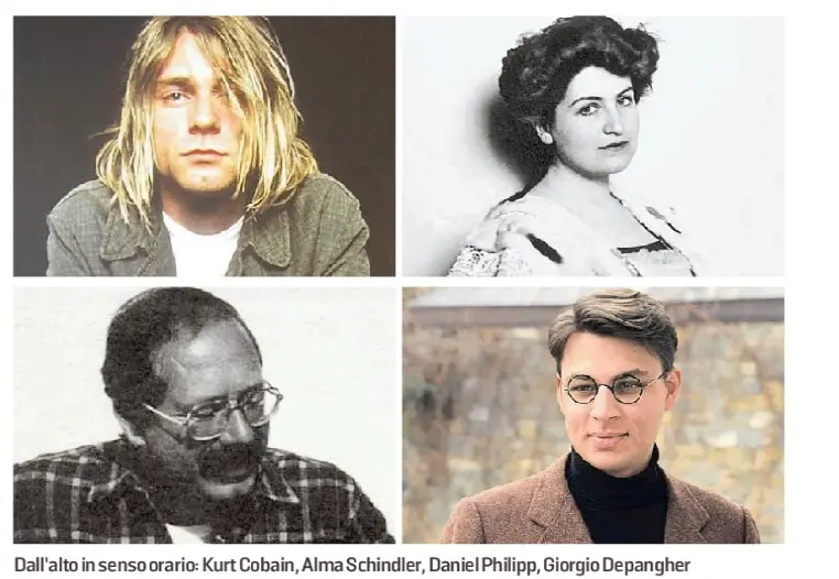 Dall’alto in senso orario: Kurt Cobain, Alma Schindler, Daniel Philipp, Giorgio Depangher