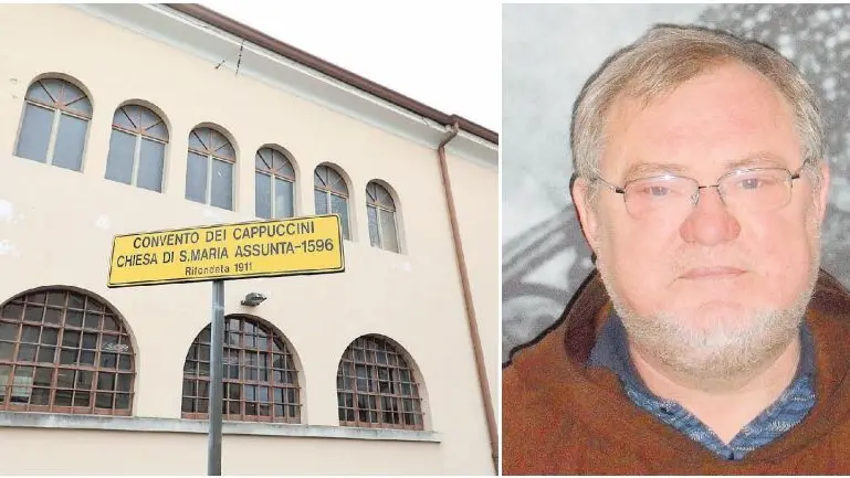 Il convento dei frati cappuccini in piazza San Francesco e, a destra, padre Aurelio Blasotti morto dopo il contagio di Covid-19 (Foto Pierluigi Bumbaca)