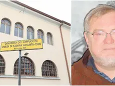 Il convento dei frati cappuccini in piazza San Francesco e, a destra, padre Aurelio Blasotti morto dopo il contagio di Covid-19 (Foto Pierluigi Bumbaca)