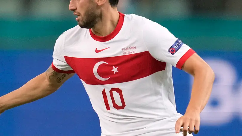 Turkey's Hakan Calhanoglu during the Euro 2020 soccer championship group A match between Switzerland and Turkey at the Baku Olympic Stadium in Baku, Azerbaijan, Sunday, June 20, 2021. (AP Photo/Darko Vojinovic, Pool)