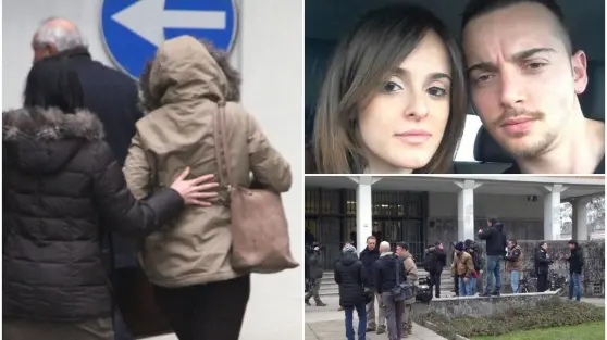 A sinistra l'arrivo di Rosaria Patrone al palazzo di giustizia, avvolta nel piumino beige con cappuccio. A destra in basso la folla di giornalisti davanti al Tribunale. In alto Rosaria e Giosuè (Foto Missinato)