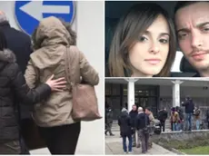 A sinistra l'arrivo di Rosaria Patrone al palazzo di giustizia, avvolta nel piumino beige con cappuccio. A destra in basso la folla di giornalisti davanti al Tribunale. In alto Rosaria e Giosuè (Foto Missinato)