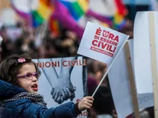 Una bimba con la bandiera che chiede diritti civili per tutti