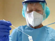 Un’addetta sanitaria mentre si prepara ad effettuare un tampone