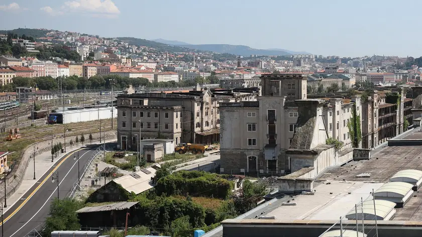 Alcuni dei magazzini di Porto Vecchio da recuperare visti dal tetto del Magazzino 26 Foto Lasorte