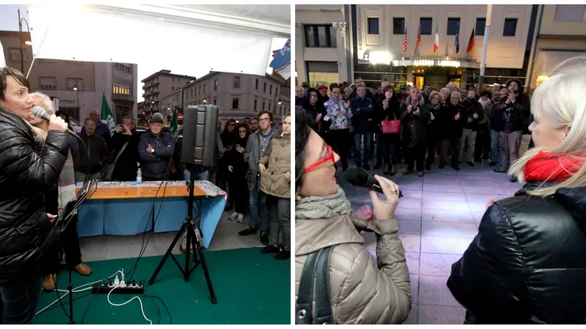 Anna Cisint al gazebo del centrodestra; a destra, Silvia Altran con l’assessore regionale Sara Vito