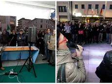 Anna Cisint al gazebo del centrodestra; a destra, Silvia Altran con l’assessore regionale Sara Vito