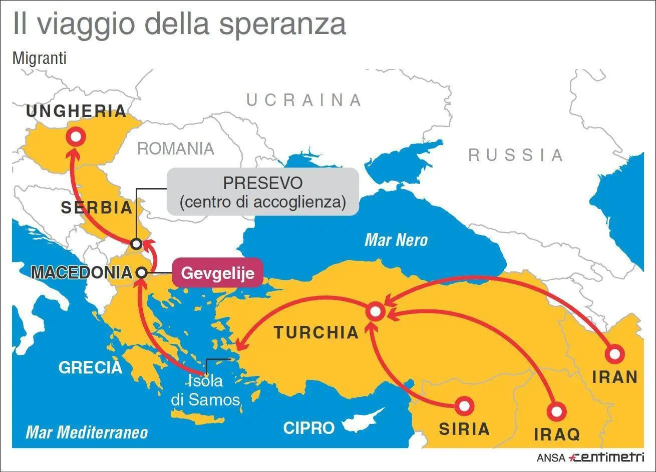 Nell'infografica realizzata da Centimetri la rotta del viaggio dei migranti. ANSA/CENTIMETRI