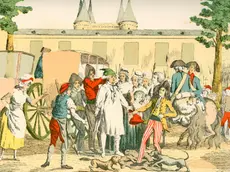 louis xvi on his way to the temple prison, during the french revolution, is made to wear a green bonnet, a convict's bonnet. from a contemporary print.