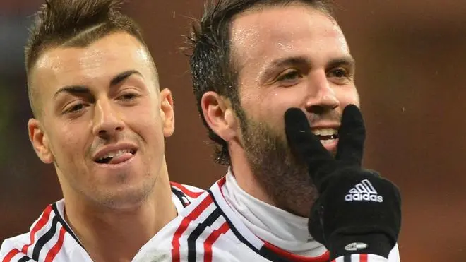 Milan Giampaolo Pazzini celebrates with his teammate Stephan El Shaarawy after he scores during the serie A match Genoa vs Milan at Luigi Ferraris stadium in Genoa, 08 March 2013 ANSA/LUCA ZENNARO