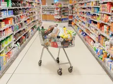 Full shopping cart in supermarket aisle