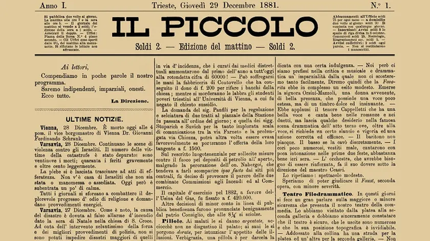 Il primo, storico, numero del Piccolo datato 29 dicembre 1881
